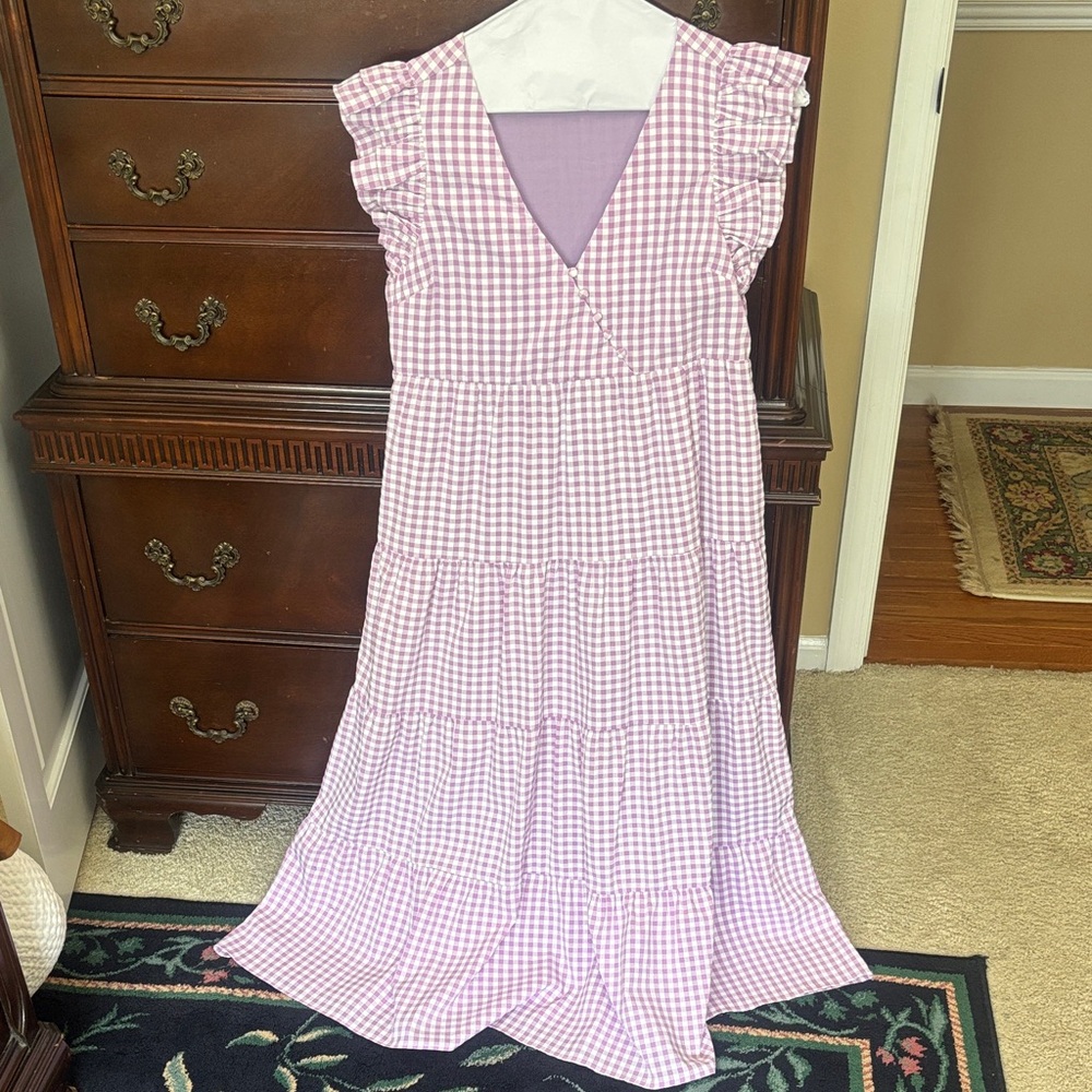 THML Lavender and White Gingham Tiered Maxi Dress with Ruffle Sleeves